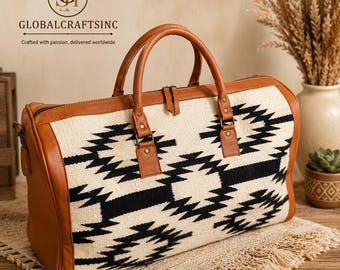Woven Geometric Travel Duffel Bag with Genuine Leather Accents