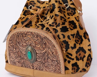 Hand-Tooled Cowhide Bucket Bag, Turquoise Accent, Western Leather Purse Personalized Gift For Her