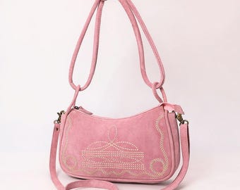 Pink Suede Western Shoulder Bag, Embroidered Cowgirl Purse, Handcrafted Saddle Bag