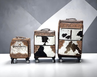 Western Tooled Leather Cowhide Rolling Luggage: Floral Hand-Tooled Suitcase