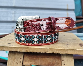 Handcrafted Tooled Leather Belt, Southwestern Beaded Design, Western Cowboy Buckle