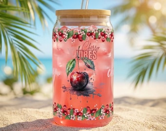 Glasbecher mit Strohhalm Deckel, Cherry Vibes Glas Sipper, Kirschen Kaffeebecher Sommer,  Libbey Glass Can 16oz, Geschenk für Freundin