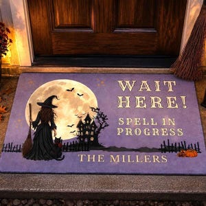 Custom Witch Doormat, Haunted House Welcome Mat, Personalized Family Name (Made to Order)