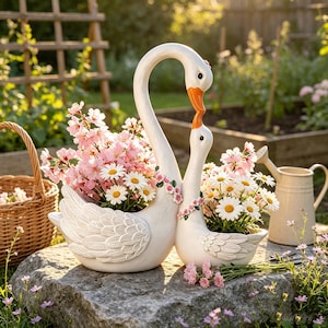 May include: A white swan-shaped planter featuring two swans with orange beaks touching, filled with pink cherry blossoms and white daisies. The sculpture has detailed feather textures on the wings and a small garland of pink flowers on the neck.
