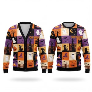 Pull et cardigan personnalisés pour Halloween, tenue patchwork citrouille et chat fantôme