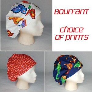 May include: Three different styles of bouffant caps with various prints. The first cap is white with a butterfly print. The second cap is red with a repeating print of the words "BUS, TRAIN, CAR, PLANE". The third cap is blue with a frog print.