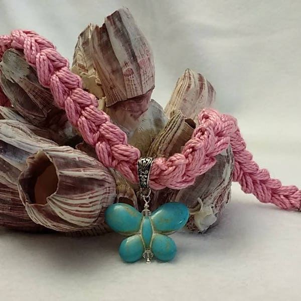 Crocheted THINK PINK choker necklace, with Stone Butterfly & Swarovski - boho Bohemian Hippy Summer Fun Funky Chic