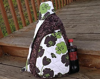 Upcycled Floral QUILTED Sling Backpack Crossbody Bag ~ Loads of Pockets! Bottle pouch, padded pocket, hidden pockets