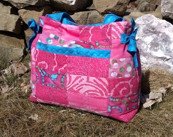 COTTON CANDY Quilted Purse Bag Totebag, Market Reusable Shopping Tote - Bright Cheery Pink Batiks with TieDye Blue