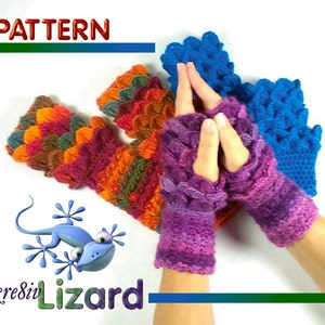May include: Three pairs of crocheted fingerless gloves in different colours: purple, blue, and multi-coloured. The gloves have a scale-like pattern and are shown against a white background.