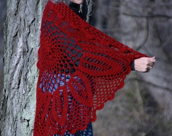 Red Tea Leaf Vintage Design Circular Shawl, Beautiful Drape - Doris Chan Pattern - Super Soft Spider Web Circle Wrap