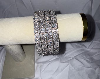 Silver-Tone CZ Baguette Bangle Set | Geometric Bridal Wedding Jewelry (Set of 4)