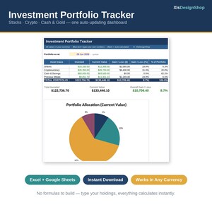 Simple Investment Tracker for Beginners, Stock & Crypto Portfolio Spreadsheet with Auto Net Worth Dashboard, Excel + Google Sheets