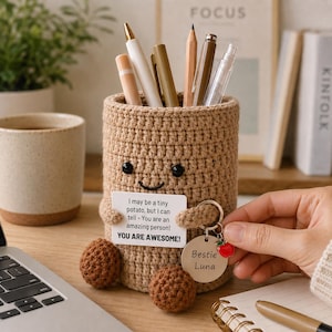 Personalized Crochet Pencil Holder, Positive Duck Desk Buddy, Custom Tag Keychain, Emotional Support Desk Pet, Encouragement Gift
