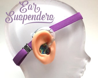 Ear Suspenders Hearing Aid Headband with adjustable head sizing, silicone grip and sliding silicone sleeves for natural BTE fit (Purple)