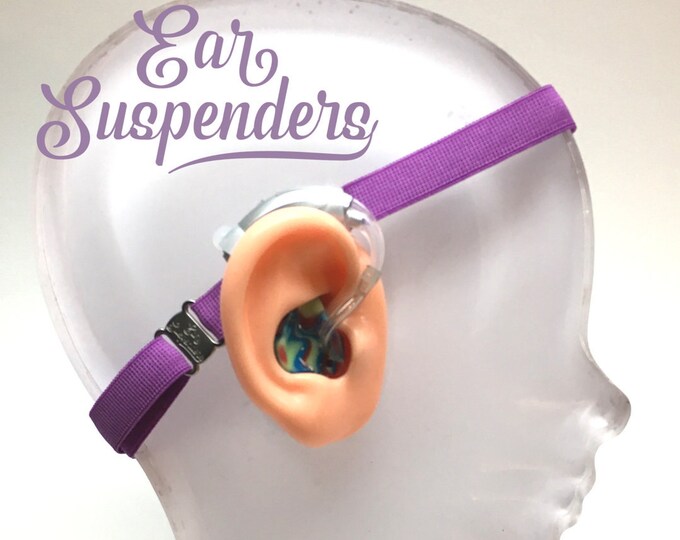 Ear Suspenders Hearing Aid Headband with adjustable head sizing, silicone grip and sliding silicone sleeves for natural BTE fit (Purple)