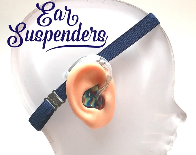 Ear Suspenders Hearing Aid Headband with adjustable head sizing, silicone grip and sliding silicone sleeves for natural BTE fit (Navy)