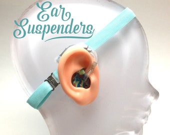 L’oreille bretelles prothèse auditive bandeau avec dimensionnement tête réglable, poignée en silicone et en glissant les manchons en silicone pour un ajustement BTE naturel (Light Blue)