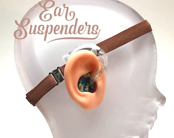 Ear Suspenders Hearing Aid Headband with adjustable head sizing, silicone grip and sliding silicone sleeves for natural BTE fit (Brown)