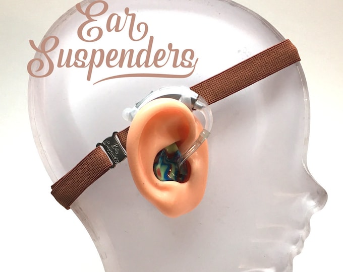 Ear Suspenders Hearing Aid Headband with adjustable head sizing, silicone grip and sliding silicone sleeves for natural BTE fit (Brown)