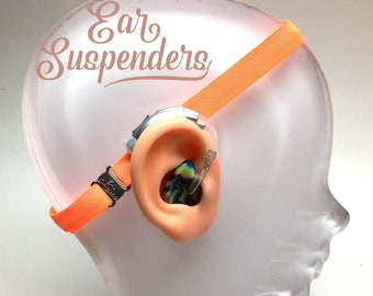 Ear Suspenders Hearing Aid Headband with adjustable head sizing, silicone grip and sliding silicone sleeves for natural BTE fit (Orange)