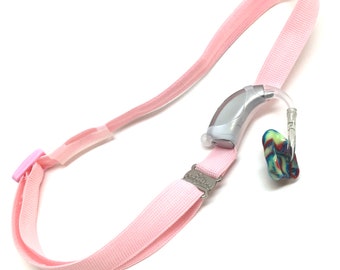 Fascia dell'orecchio di apparecchi acustici di bretelle con dimensionamento testa regolabile, impugnatura in silicone e scorrevole manicotti in silicone per una vestibilità naturale BTE (rosa chiaro)