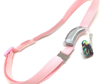 Diadema para audífonos Ear Suspenders con tamaño de cabeza ajustable, agarre de silicona y mangas de silicona deslizantes para un ajuste BTE natural (rosa claro)