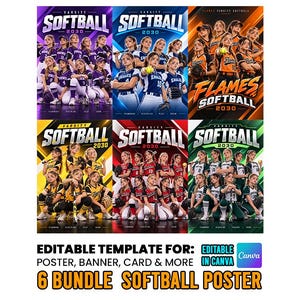 May include: A digital bundle of six editable softball poster templates featuring diverse team color schemes including purple, blue, orange, yellow, red, and green. Each poster displays a group of softball players with the text Varsity Softball 2030.