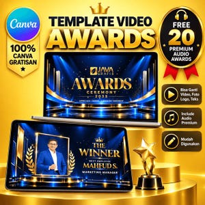 Peut inclure: Un modèle numérique pour des vidéos de remise de prix avec un ordinateur portable et une tablette affichant des graphiques dorés et bleus avec le texte AWARDS CEREMONY 2035 et THE WINNER BEST EMPLOYEE MAHFUD S. MARKETING MANAGER, et un trophée étoile.