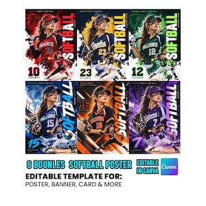 May include: A set of six editable softball poster templates featuring female athletes in various team uniforms with bold colors, player numbers, and the text Softball, Senior 2020, and Editable in Canva. Each design displays a dynamic sports theme.