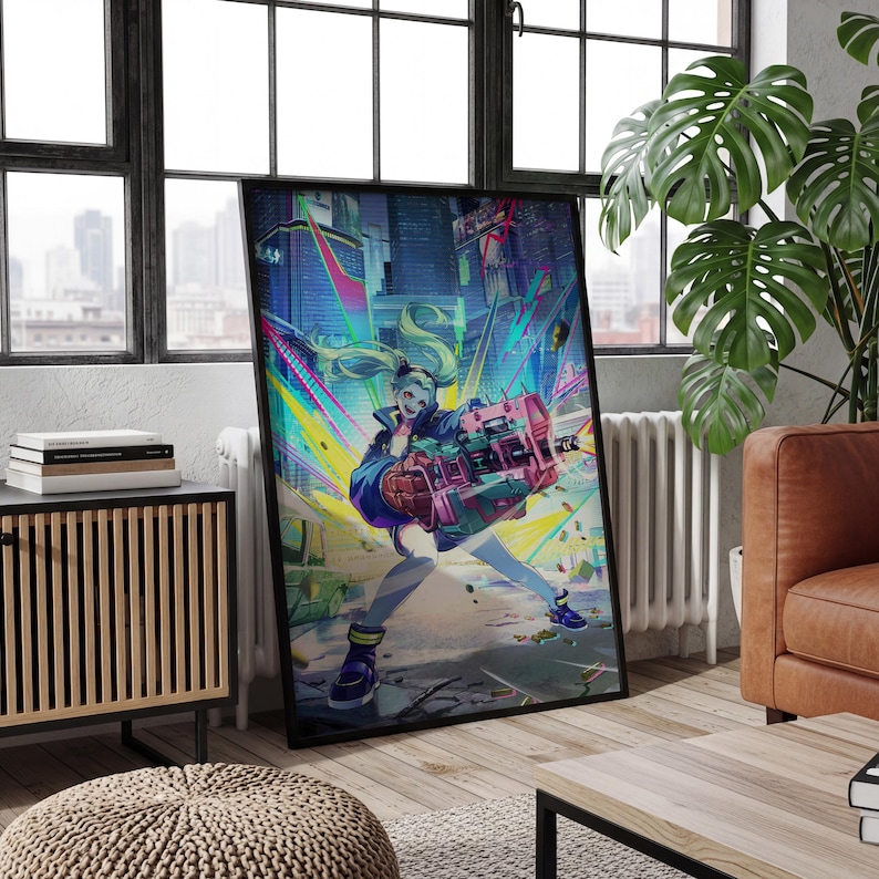May include: A framed vertical wall art print featuring a stylized character with light green hair, wearing a blue jacket and dark shorts, holding a large pink and green mechanical weapon. The background depicts a vibrant, neon-lit city street.