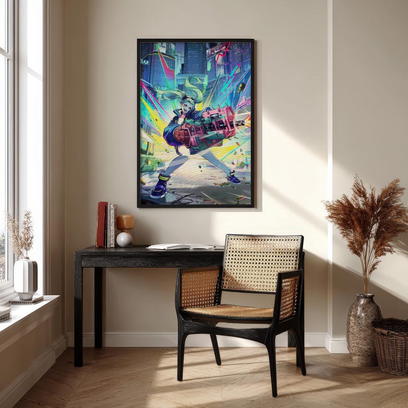 May include: A framed wall art print featuring a vibrant, stylized illustration of a character with light hair holding a large, mechanical pink and green weapon in a futuristic city setting with bright neon light streaks and a dynamic action pose.
