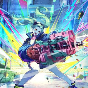 May include: A character with light green hair in a dark blue jacket and shorts, holding a large pink and green futuristic firearm. The scene features a vibrant urban background with neon lights, a red upward arrow, and scattered shell casings.