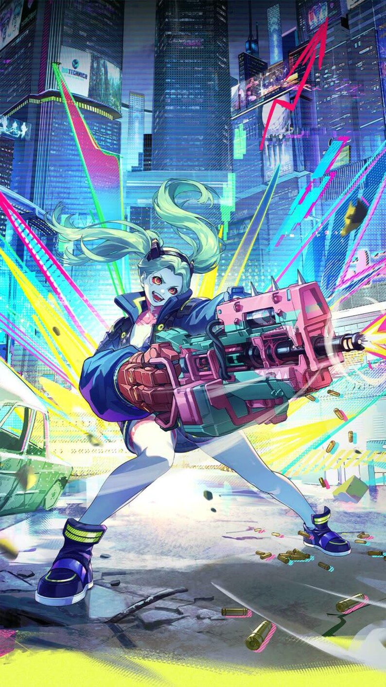 May include: A character with light green hair in a dark blue jacket and shorts, holding a large pink and green futuristic firearm. The scene features a vibrant urban background with neon lights, a red upward arrow, and scattered shell casings.