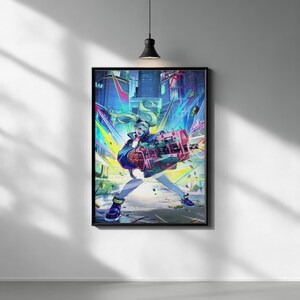 May include: A framed wall art print featuring a vibrant, colorful illustration of a character with light hair holding a large, complex pink and green mechanical weapon. The background depicts a stylized, neon-lit urban cityscape with bright streaks.
