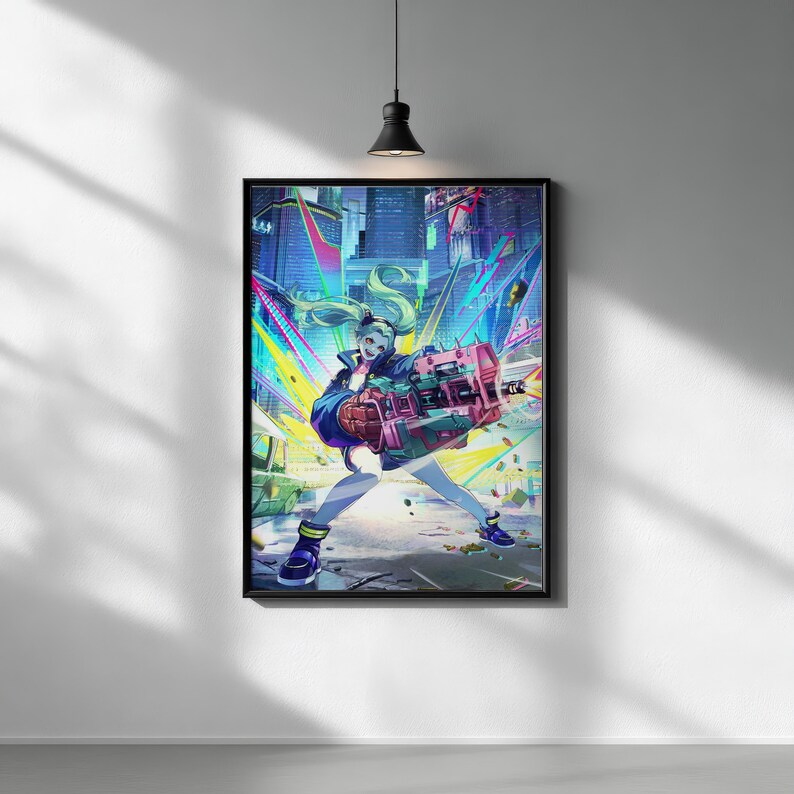 May include: A framed wall art print featuring a vibrant, colorful illustration of a character with light hair holding a large, complex pink and green mechanical weapon. The background depicts a stylized, neon-lit urban cityscape with bright streaks.