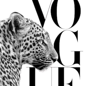 May include: A black and white graphic print featuring a profile view of a leopard with its head turned to the right. The large, bold, black capital letters V, O, G, U, E are layered behind the leopard, partially obscuring the animal's neck and body.