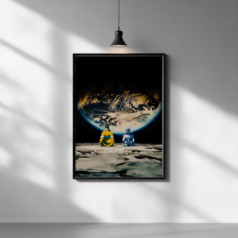 May include: A rectangular wall art print featuring two figures sitting on a gray, cratered lunar surface. They are looking up at a large, glowing Earth suspended in the dark void of space. The figure on the left wears a yellow jacket, while the figure on the right wears a blue and white outfit.