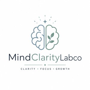 May include: A logo featuring a stylized brain icon split into two halves, one blue and one green with a small plant sprout. Above the brain is a four-pointed star. Below is the text MindClarityLabco and the words CLARITY, FOCUS, GROWTH.