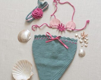 Crochet Mermaid Baby Costume, Newborn Photography Prop, Seashell Top, Floral Headband