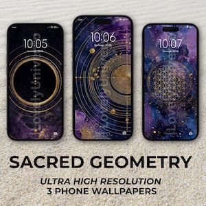 Donkere heilige geometrie telefoonachtergrondpakket, gouden fractale heilige geometrie iPhone-achtergrond, esoterische magische mandala vergrendelscherm, 3 spirituele