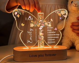 Luce notturna personalizzata per battesimo, lampada a croce con fiori, regalo cristiano per neonato, regalo per battesimo, ricordo con il nome del bambino, decorazione per la cameretta, regalo con versetto biblico