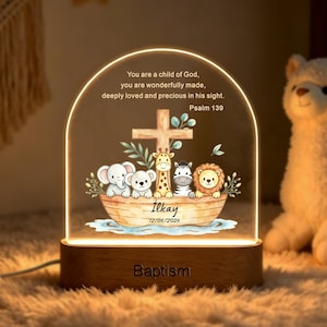 Personalized Baptism Led Night Light, Custom Name Christening Gift for Baby, Christian Nursery Lamp, Baby Dedication Gift, Bible, Noah's Ark