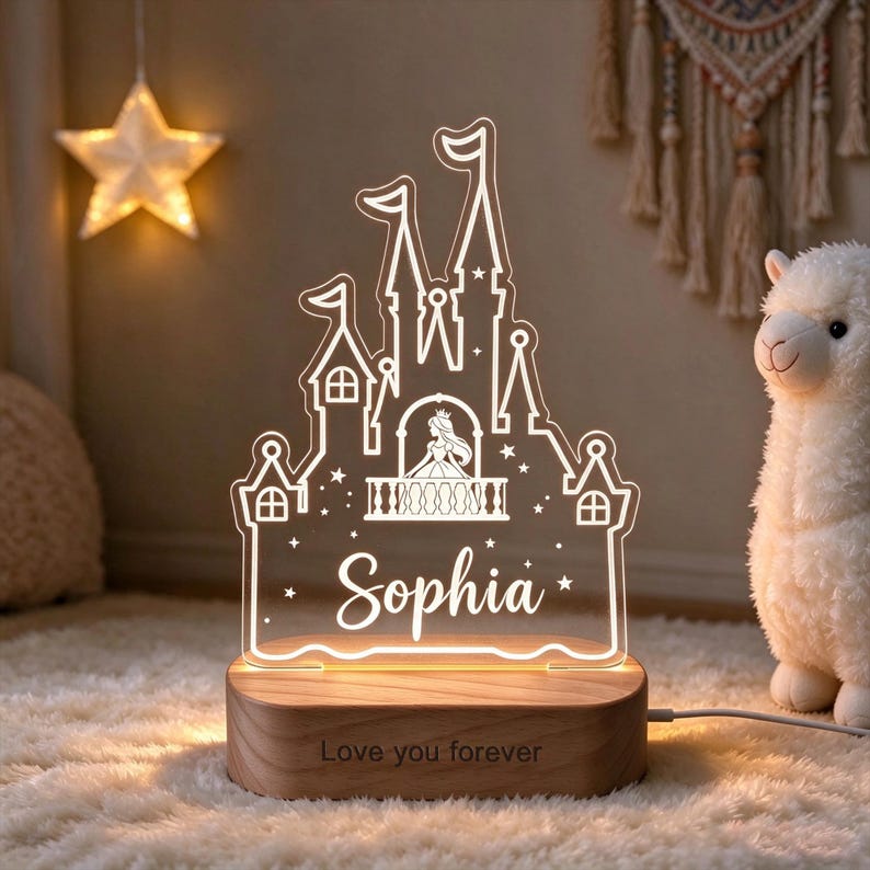 Puede incluir: Una luz nocturna de acr&iacute;lico transparente con forma de castillo y una figura de princesa en un balc&oacute;n, con el nombre Sophia en letra cursiva. Se apoya en una base de madera grabada con el texto Love you forever, emitiendo luz c&aacute;lida.