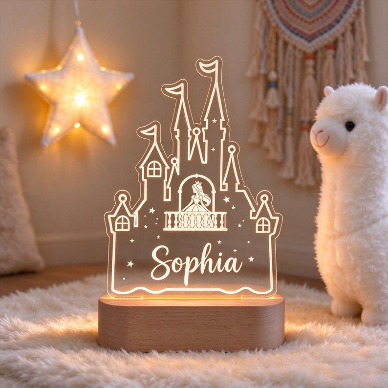 Puede incluir: Una luz nocturna de acr&iacute;lico transparente con forma de castillo y la silueta de una princesa en un balc&oacute;n. El nombre Sophia est&aacute; grabado en letra cursiva debajo del castillo. La pieza est&aacute; montada sobre una base de madera clara ovalada.