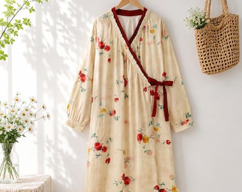 100% Cotton Floral Nightgown for Women, Soft Muslin Loungewear, Lightweight Nightwear with Bow Detail, Perfect Gift for Women
