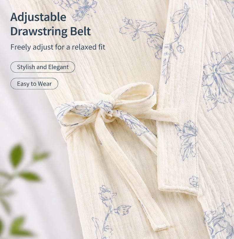 May include: A cream-colored robe with a blue floral print featuring an adjustable drawstring belt. The text on the image reads: Adjustable Drawstring Belt, Freely adjust for a relaxed fit, Stylish and Elegant, Easy to Wear.