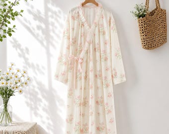 Katoenen nachtjapon met leliebloemenprint voor dames, lichtgewicht mousseline slaapjurk, ademende zomernachtkleding, comfortabele huisjurk, cadeau voor haar