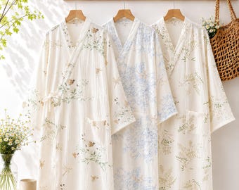 Women’s Cotton Gauze Floral Robe, Lightweight Long Sleeve Bathrobe, Soft Breathable Lounge Robe, Summer Sleepwear, Gift for Her