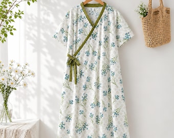 100% Cotton Blue Floral Nightgown for Women, Soft Cottagecore Sleepwear, Lightweight Short Sleeve Nightdress, Cozy Lounge Nightwear